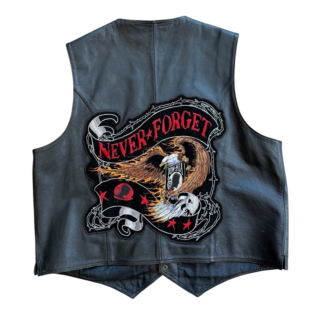 Wilsons Leather Mens XXL Biker Vest Black‎ POW MIA Never Forget Eagle Patch